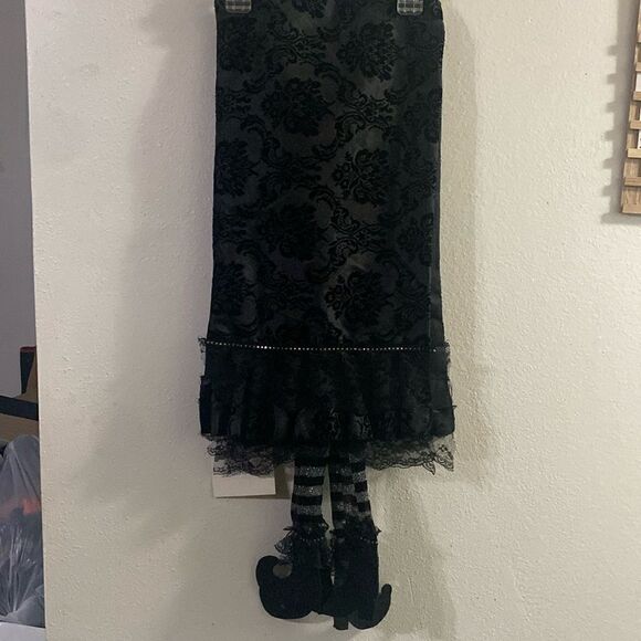 Gothic Velvet Damask Lace Halloween Table Runner with Hanging Grey Witch Legs - Picture 3 of 5